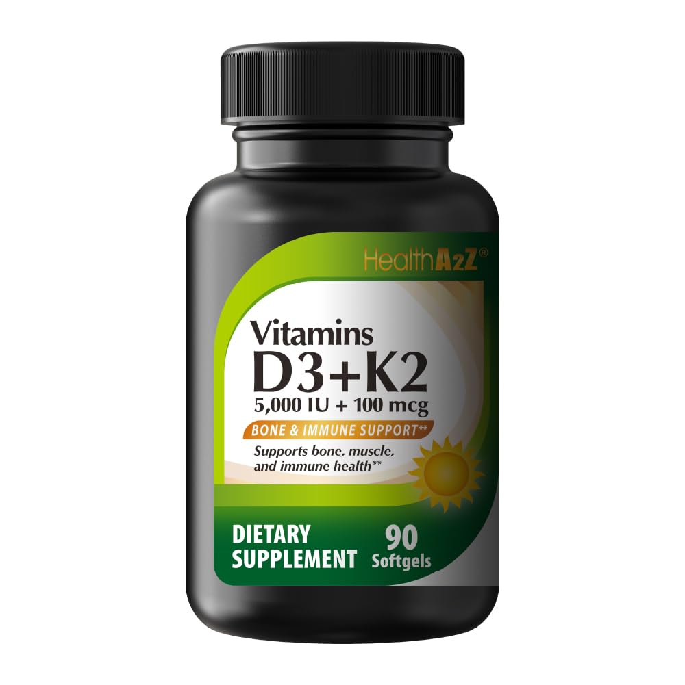 HealthA2Z® Vitamin D3 (5,000 IU) + K2-90 Softgels (Pack of 1) - Helps Calcium Absorption for Bones, Teeth, Mood & Immune Health
