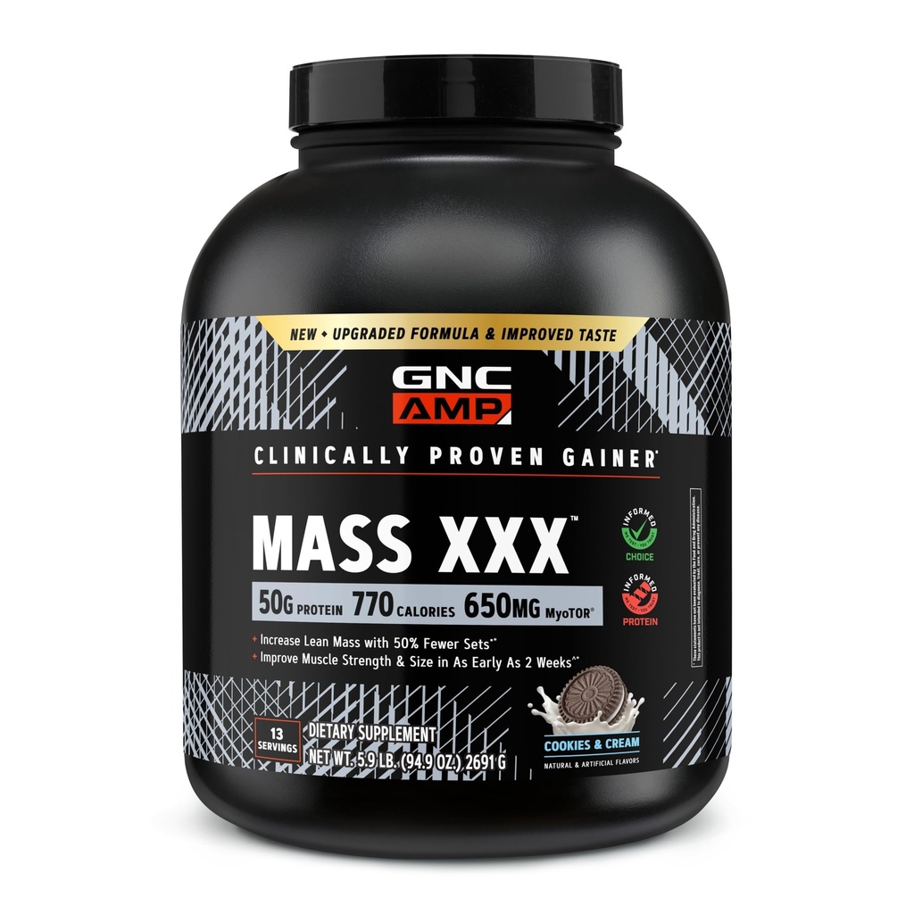 GNC AMP Mass XXX with MyoTOR - Delicious Protein Powder for Active Lifestyles - Clinically Tested Formula - Elite Sports Nutrition - Gluten-Free - Cookies & Cream - 97.67 oz (13 Servings)