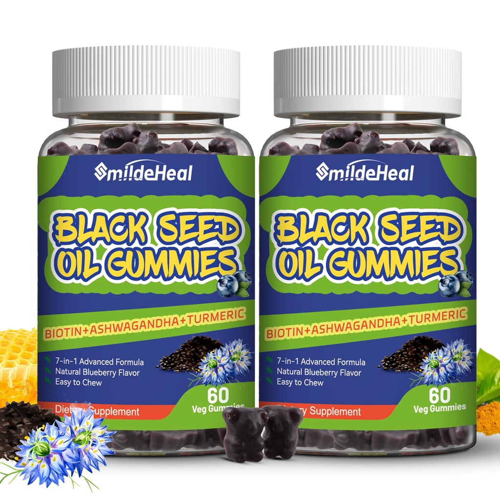 2 Pack Black Seed Oil Gummies, Organic Black Cumin Seed Oil Gummies, Black Cumin Seed Oil Organic 500mg, Chewable Black Seed and Honey Gummies, Vegan, 120 Gummies