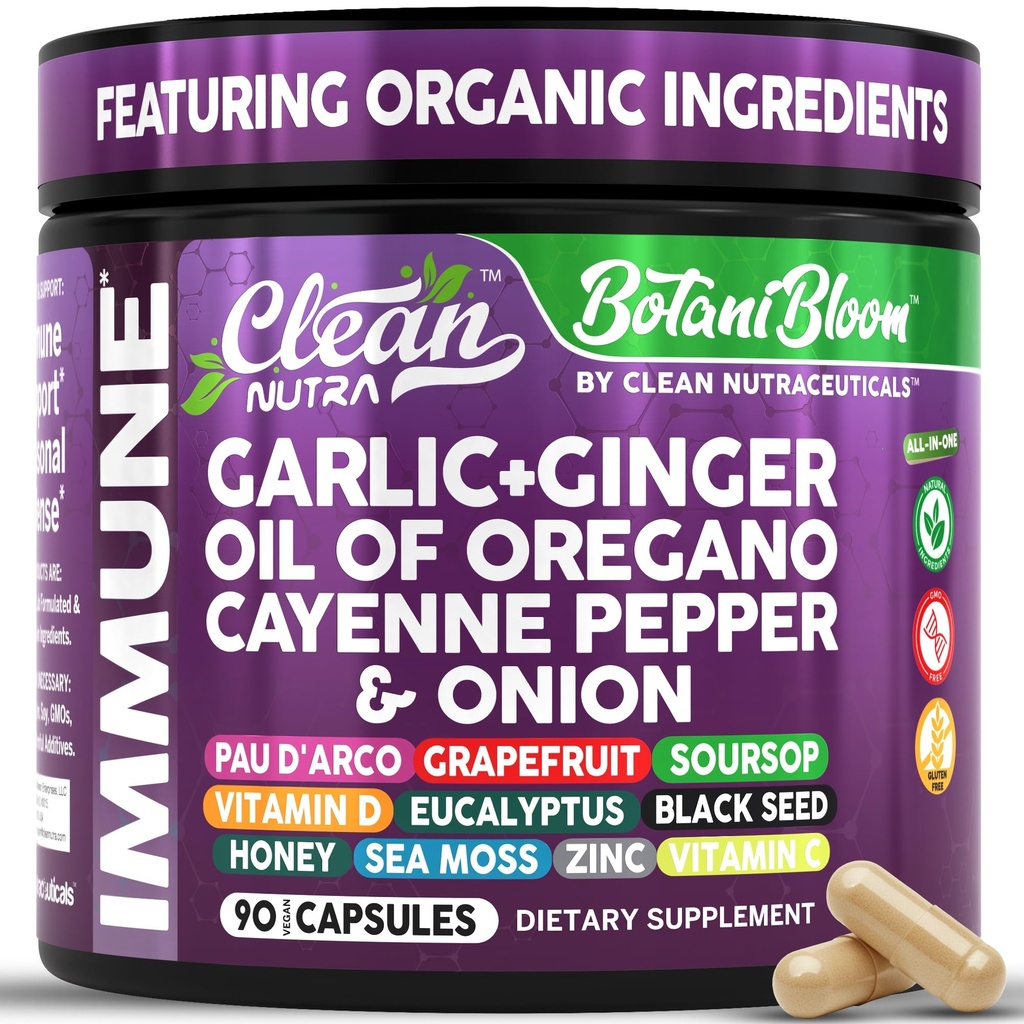 Clean Nutra Garlic Ginger Oil of Oregano Cayenne Pepper Grapefruit Soursop Black Cumin Sea Moss Black Pepper Vitamin C and Zinc VIT C Detox Gut Health Black Seed Cleanse 90 Vegan Capsules