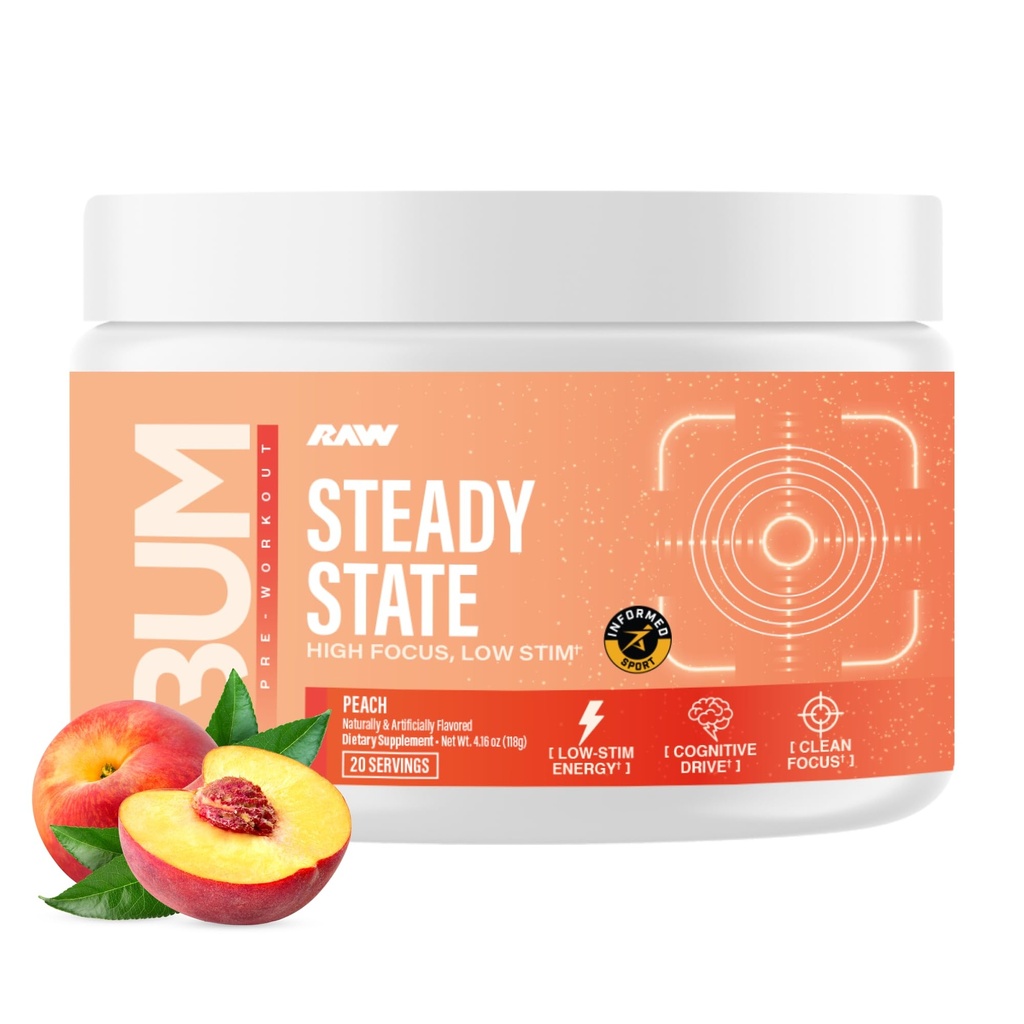 RAW Steady State Low Stim Nootropic Pre Workout Powder for Men & Women - Low Stimulant Neuopathy Supplement for Energy & Focus - No Jitters or Tingles - Natural Extended Release Caffeine - 20 Servings