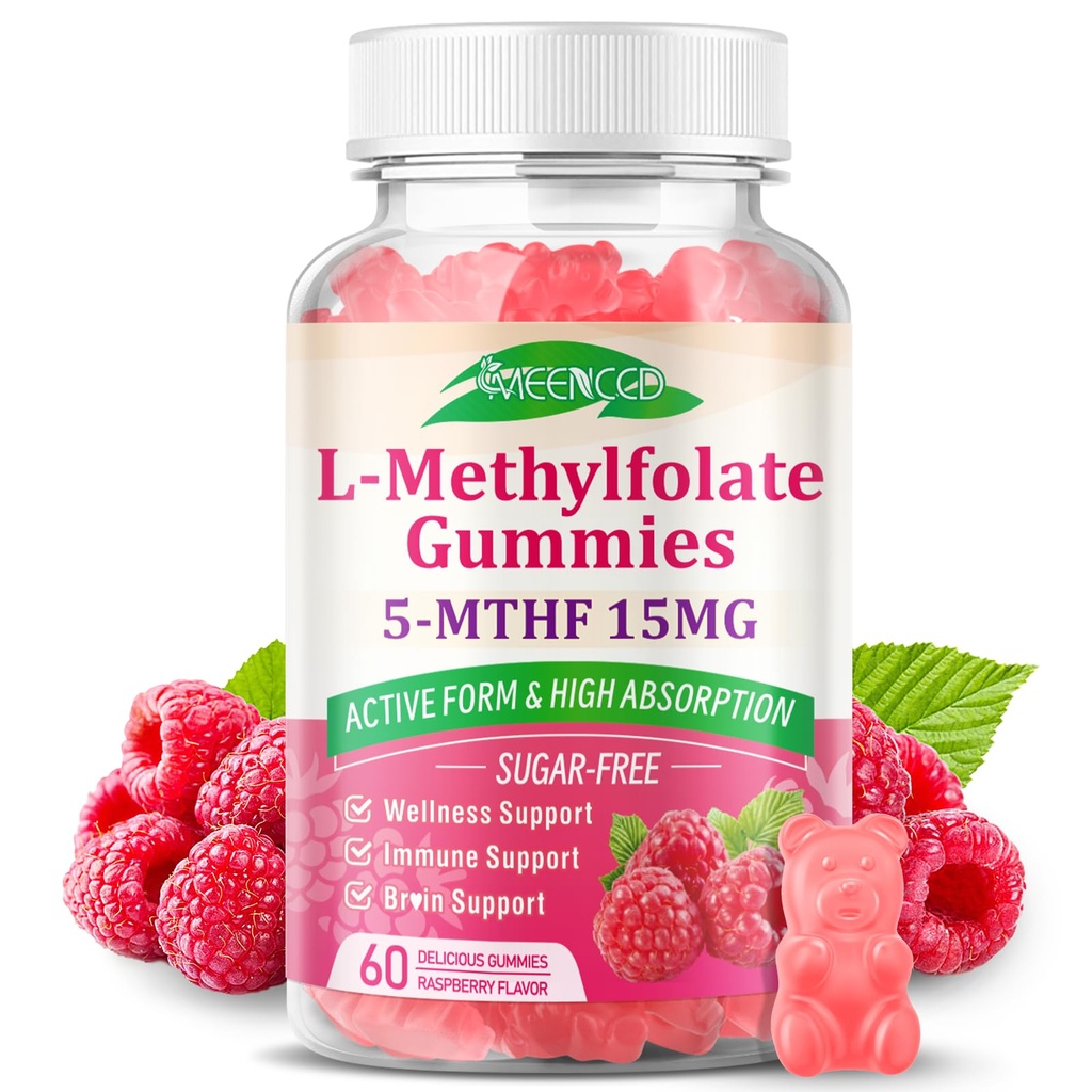 MEENCCD L-Methylfolate Gummies, Methylfolate Supplement, 5-MTHF Supplement - Active 5-MTHF - Supports Overall Wellness, Vegan, Raspberry Flavor, 60 Count