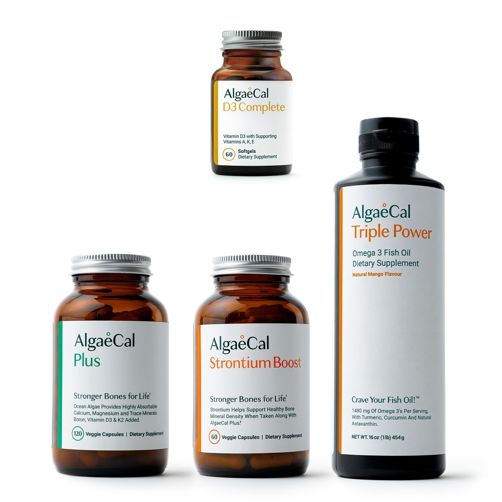 ALGAECAL Ultimate Bundle - D3 Complete (1000 IU) + K2, Βιταμίνη Ε, Βιταμίνη Α & Φυτοβασισμένο Ασβέστιο για Αυξημένη Πυκνότητα Οστών & Ωμέγα 3 Fish Oil με 1200mg EPA DHA