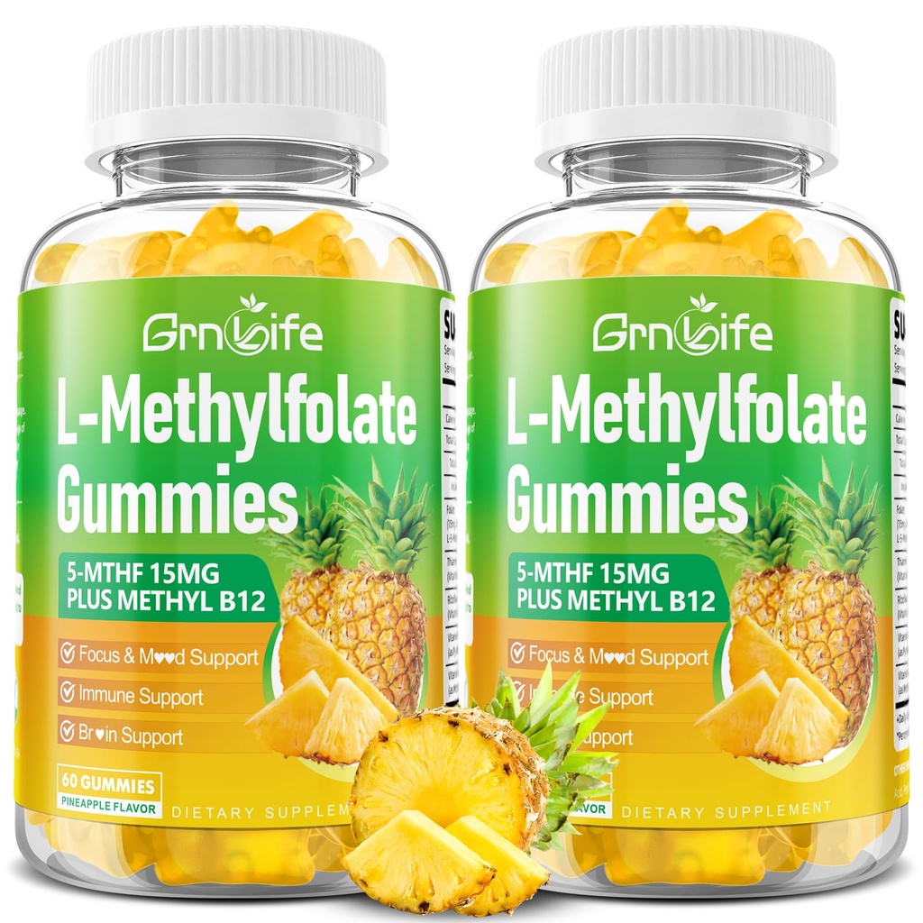 2 Pack L-Methylfolate 15 mg Gummies with Methyl B12, Methylated B1, B2, B6, Active 5-MTHF & High Absorption - Supports Brain Health & Immune System, Pineapple Flavor, 120 Count