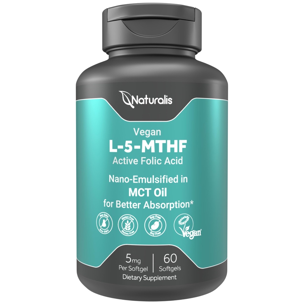 Naturalis Vegan L-5-MTHF 5mg (8300 mcg DFE) | Active Folate for Prenatal & Methylation Support | Vegan, Non-GMO, Soy & Gluten Free | 60 Softgels