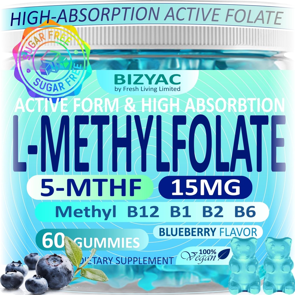 L-MethylFolate 15mg & Methyl B12 Gummies, Methylated B1, B2, B6 Multivitamins - Active 5-MTHF & High Absorption - Folate Metabolism - Vegan Multivitamin - 60 Gummies