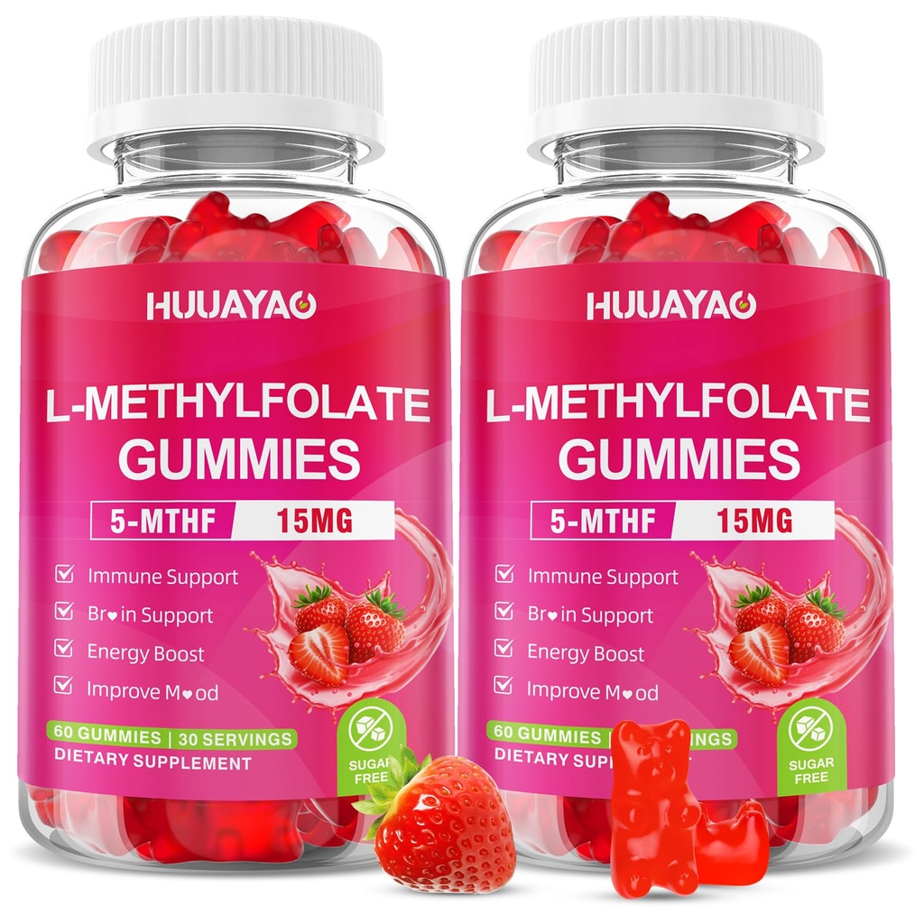 L-Methylfolate 15 mg Gummies, Methylfolate Supplement, Folate 5-MTHF Supplement for Support Mood, Brain Health, Immune System, Sugar Free, Strawberry Flavor, 120 Count