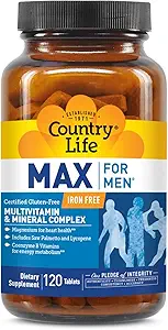 Country Life Max for Men Multivitamin: Iron-Free, Gluten Free, Saw Palmetto, Lycopene, Daily Support for Energy, Heart & Men's Health,120 Vegetarian Tablets