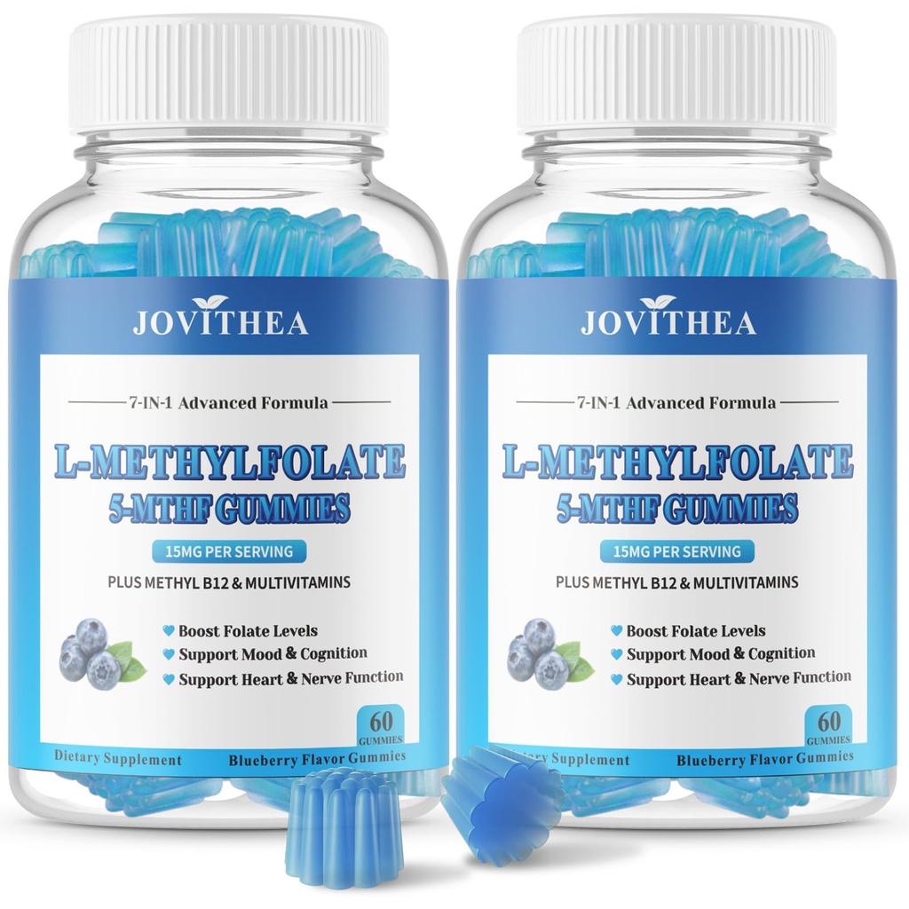 2 Pack L-Methylfolate 15mg Gummies with Methyl B12, Folate 5-MTHF Supplement for Mood, Brain Health, Cognition & Immunity, Sugar Free, Vegan, Non-GMO, 120 Count