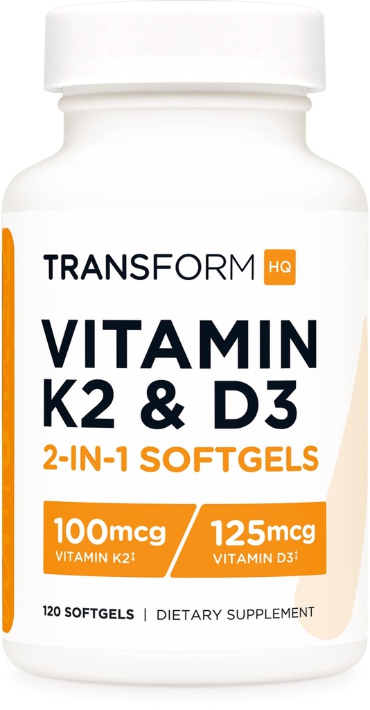 TransformHQ Βιταμίνη K2 (MK7) (100mcg) + Βιταμίνη D3 (5000 IU) 120 Softgels - Χωρίς γλουτένη και μη ΓΤΟ