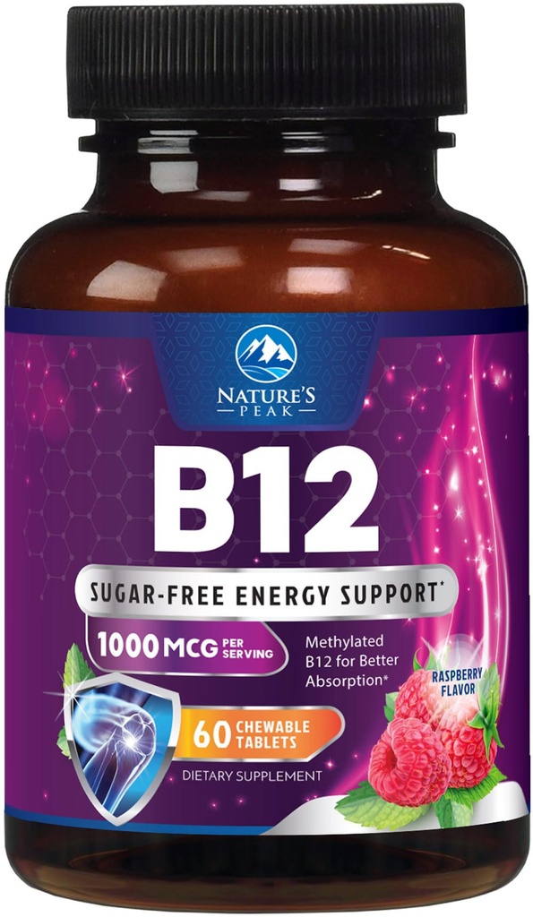 Vitamin B12 Complex (Methylcobalamin) 1000 mcg - 3X Strength B 12 Vitamins Supplement for Cellular Energy Metabolism, Nature's Nervous System Support, Bottled USA, Berry Flavor - 60 Chewable Tablets