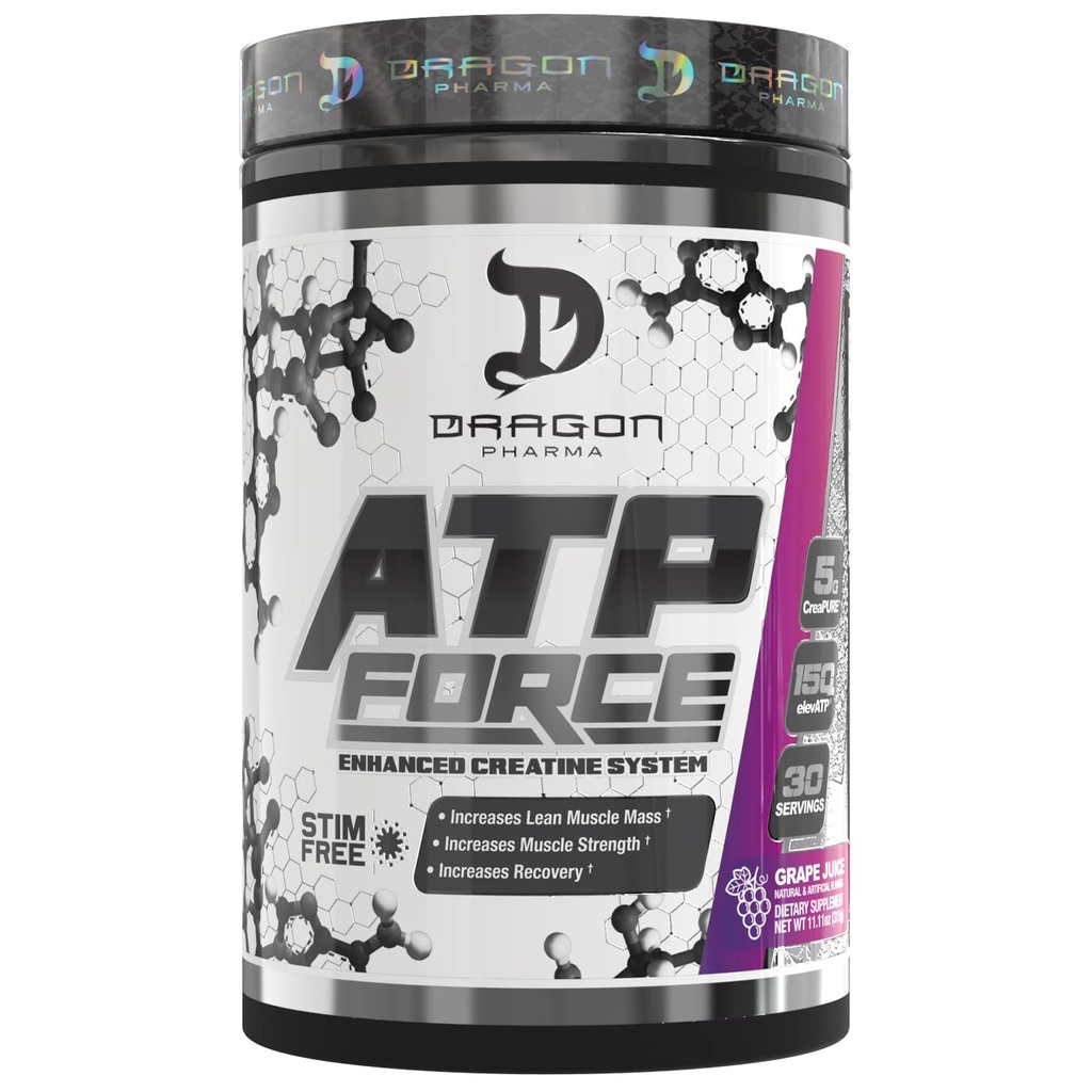 DRAGON PHARMA ATP Force Enhanced Creatine System, Stim-Free, Increase Lean Muscle Mass & Recovery, 5 Grams of CreaPure, Improves Blood Flow (30 Servings, Grape Juice)