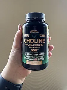 NUTRAHARMONY Choline Supplement - Choline Bitartate 100% Καθημερινή Αξία - 5-σε-1 Σύμπλεγμα με Φολικό, Βιταμίνες D3, B6 & B12 - Vegan, Non-GMO - 120 Κάψουλες