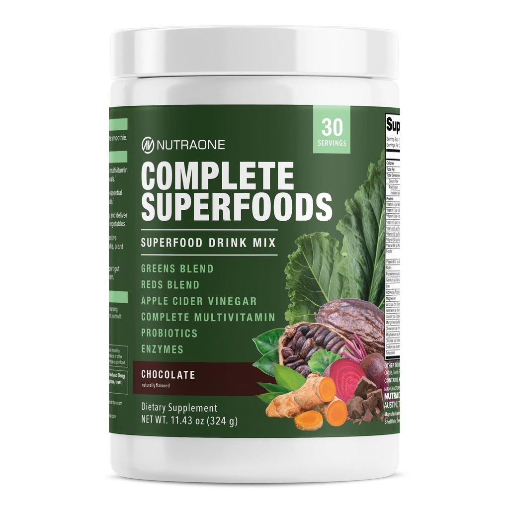 Complete Superfoods, Greens & Reds Blend*, Apple Cider Vinegar, Digestive Enzyme Blend*, Probiotic Blend*, Multivitamin* (Chocolate - 30 Servings)