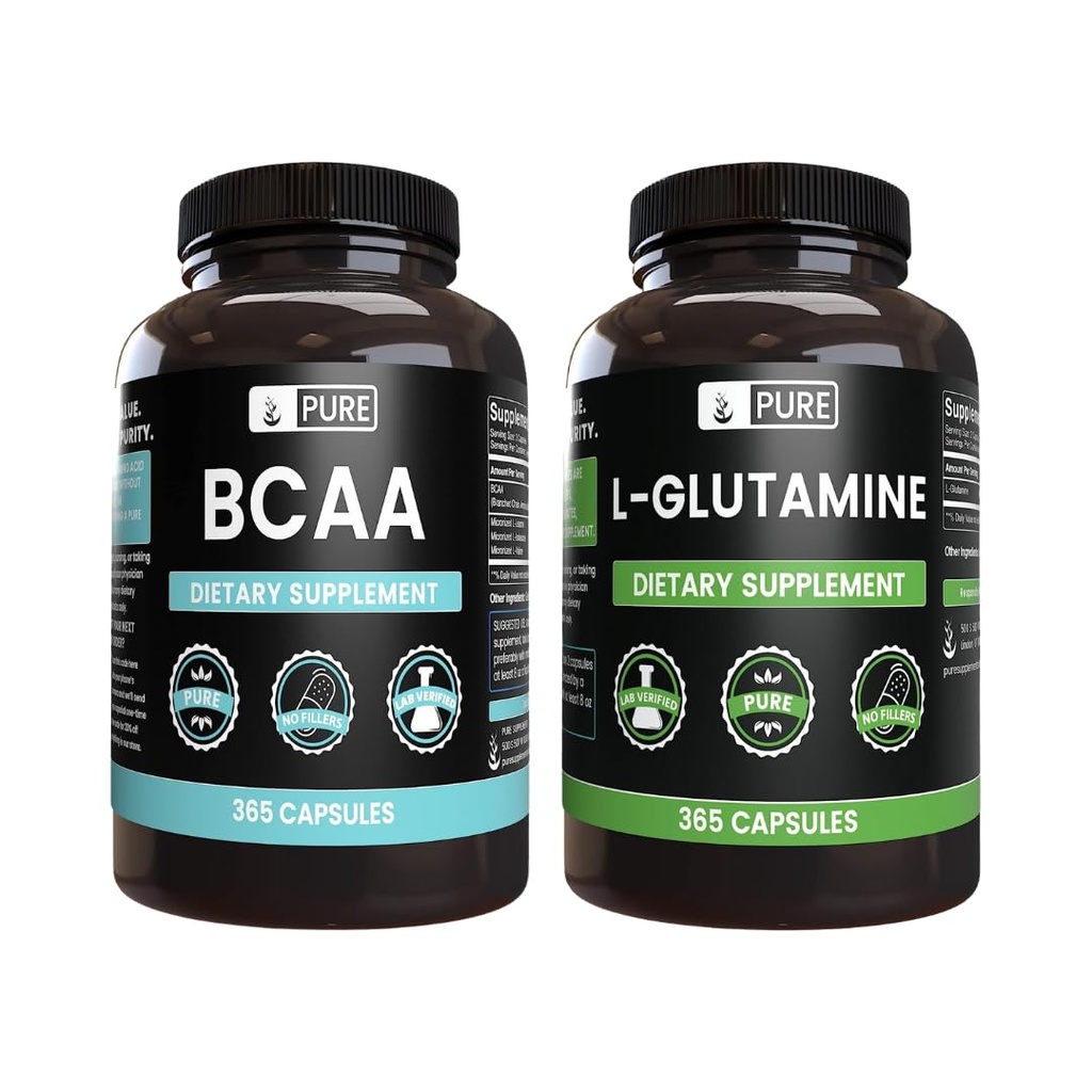 Pure Original Ingredients L-Glutamine & BCAA Capsule Bundle (365 Capsules Each), No Magnesium or Rice Fillers