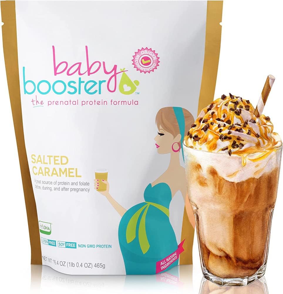 Baby Booster Αλάτι Caramel Προγεννητική συμπλήρωμα βιταμίνης και πρωτεΐνης Shake, Caffeine Free, Όλα φυσικά, χορτοφαγικά DHA, υψηλή πρωτεΐνη, Φολικό μεθύλιο, βιταμίνες Β, Μεγάλη για την πρωινή ασθένεια, 1 lb