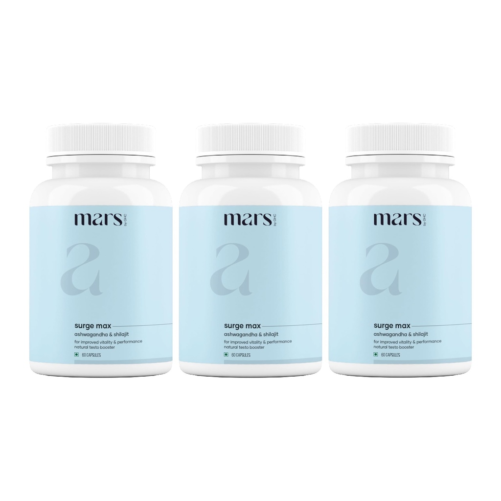 Mars Surgemax Natural Capsules with Shilajit & Safed Musli | Supports Energy, Strength & Immunity | for Active Lifestyle | 180 Capsules | Pack of 3