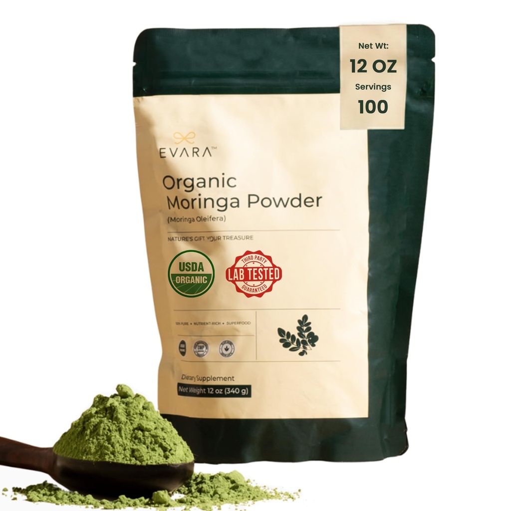 EVARA Moringa Powder Organic (12oz/ 340g) | 100% Pure & Organic Moringa Leaf Powder with Vital Nutrients | For Strong Immunity, Natural Energy & Skin Health | Vegan, Gluten Free | GMP & USDA Certified