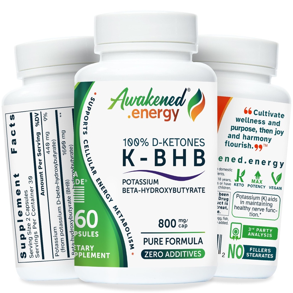 K-BHB Potassium Beta-Hydroxybutyrate Supplement – 100% D-Ketones for Keto Energy, Cellular Energy & Nerve Function – Pure Formula, No Fillers – 60 Vegan Capsules