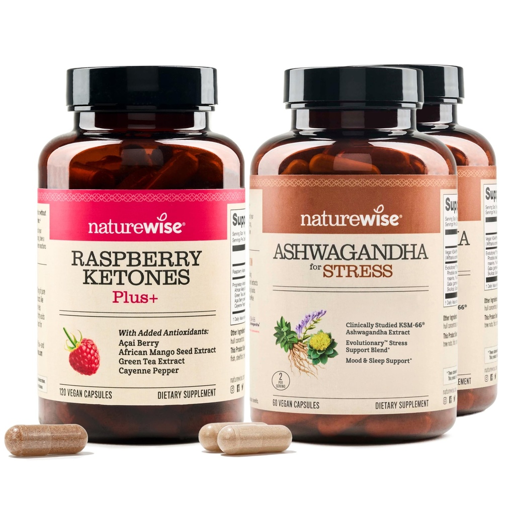 NatureWise [1] Raspberry Ketones + Green Tea Extract Cayenne, Acai - 120 Count[120-Day Supply] + (Pack of 2) Ashwagandha for Stress + GABA & L-Theanine - 60 Capsules[30-Day Supply]