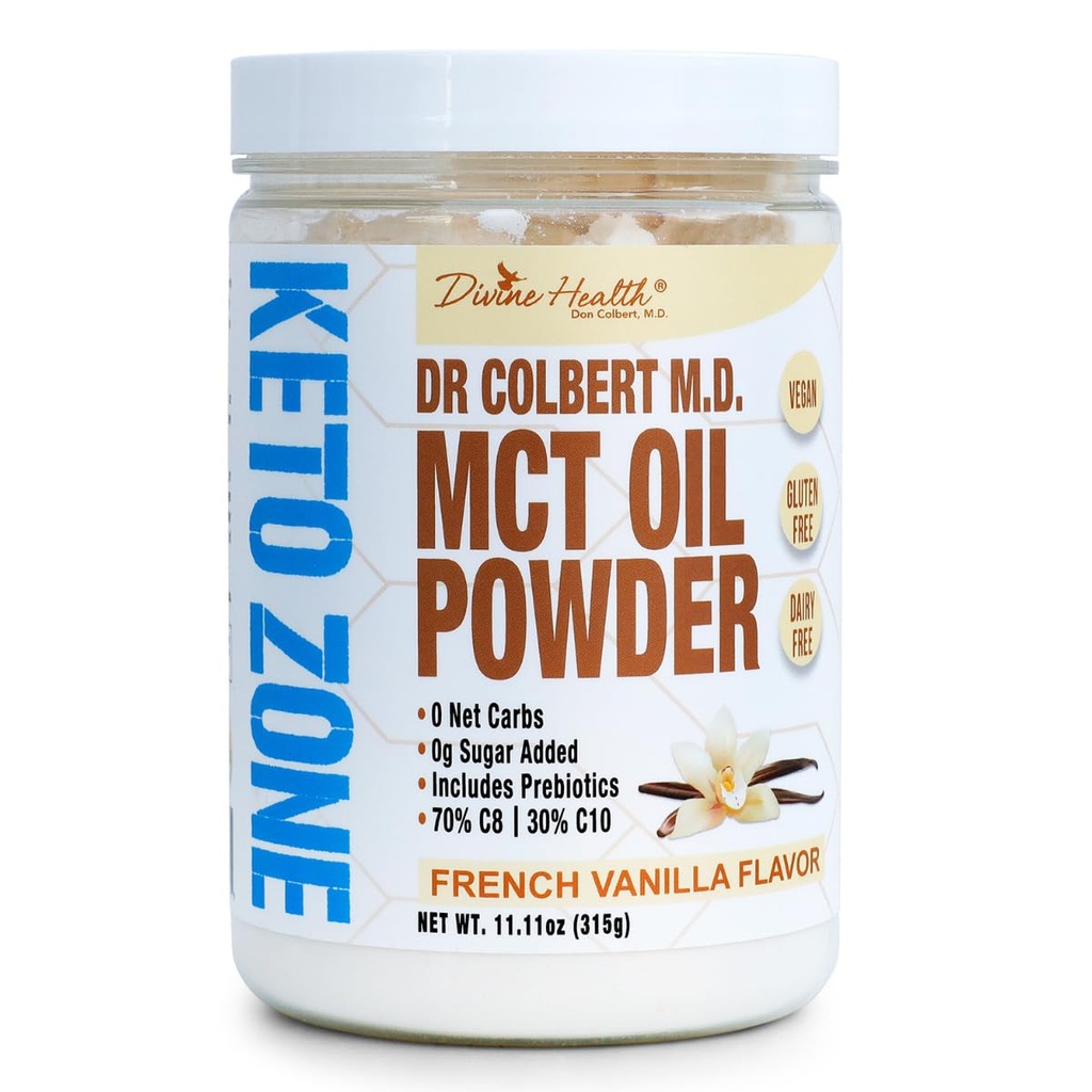 Dr. Colbert, MD MCT Oil Powder | French Vanilla Flavor | by Divine Health | Keto Zone | 70% C8 | 30% C10 | 0 Net Carbs | Gluten Free | 30 Day Supply | 315g