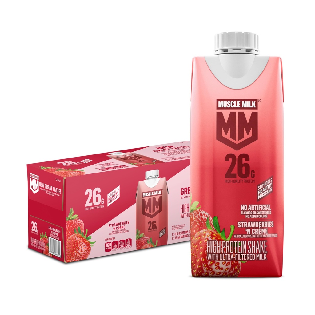 Muscle Milk High Protein Shake, Strawberry, 11 fl oz Cartons (12 Pack) Ultra Filtered Milk, 26g High Quality Protein Shake, 3g Sugar, 160 Calories, No Artificial Flavors, No Artificial Sweeteners, No Added Colors