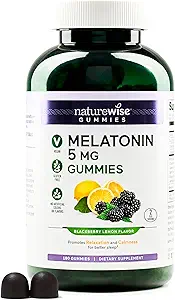 NatureWise Melatonin Gummies 5mg - συμπλήρωμα υποστήριξης ύπνου που δεν σχηματίζει Habit με Ashwagandha, Valerian Root - BlackBerry-Lemon Flavor - Vegan, Gluten Free, Non-GMO - 180 Count[90-Day Supply]