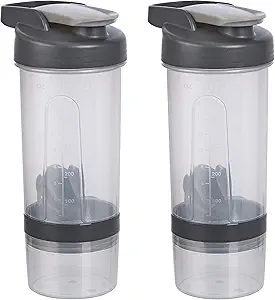  Basics Protein Shaker Bottle with Mixer Ball, Cups for Shakes, 20 oz, 2-Pack, Gray, 11.8x9x23 cm