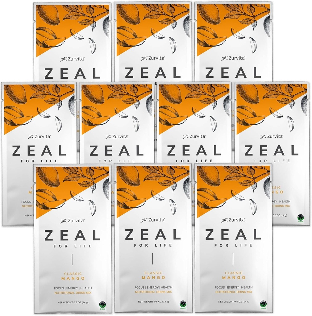 Zurvita - Zeal for Life Wellness Drink Mix - Κλασικό Mango Flavor - Χωρίς γλουτένη, Vegan, με Βιοτίνη, Βιταμίνες και Ορυκτά για την Υγεία - 10 Πακέτα