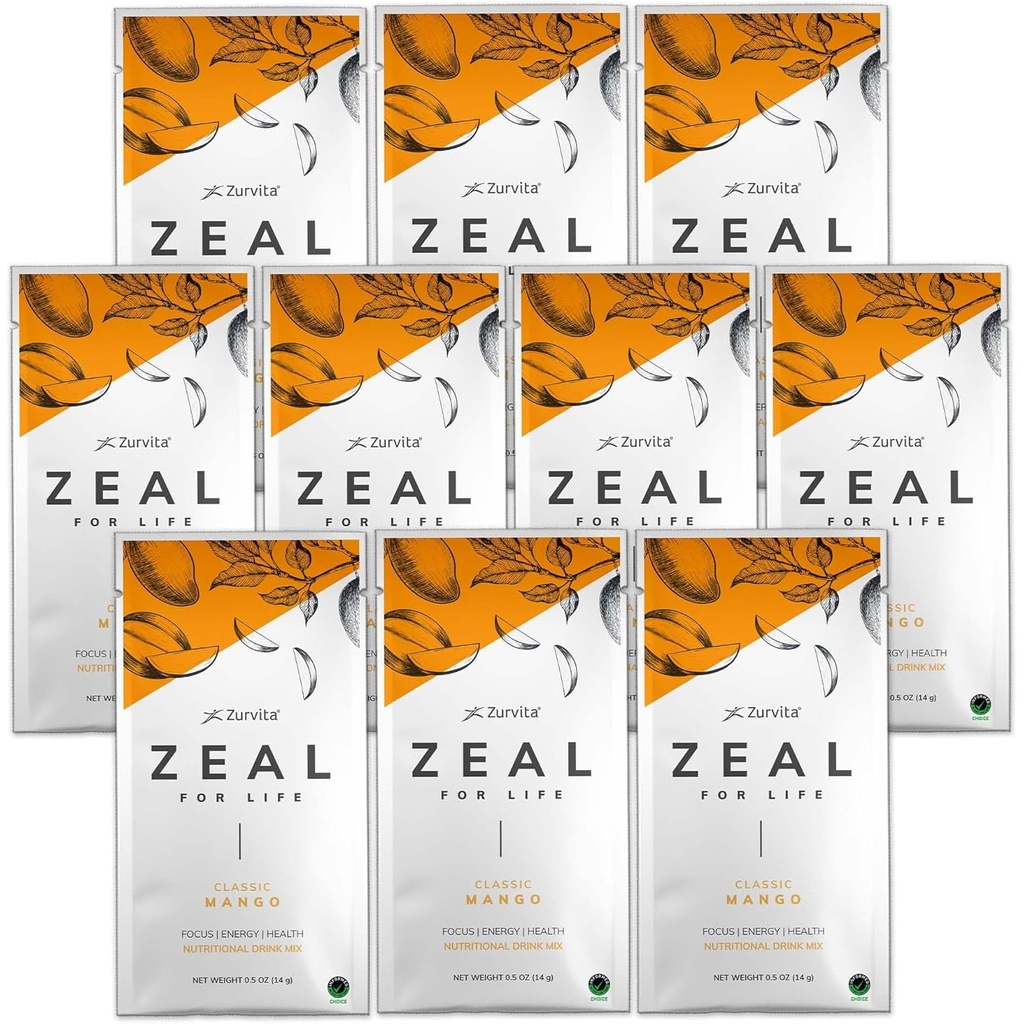 Zurvita - Zeal for Life Wellness Drink Mix - Κλασικό Mango Flavor - Χωρίς γλουτένη, Vegan, με Βιοτίνη, Βιταμίνες και Ορυκτά για την Υγεία - 10 Πακέτα
