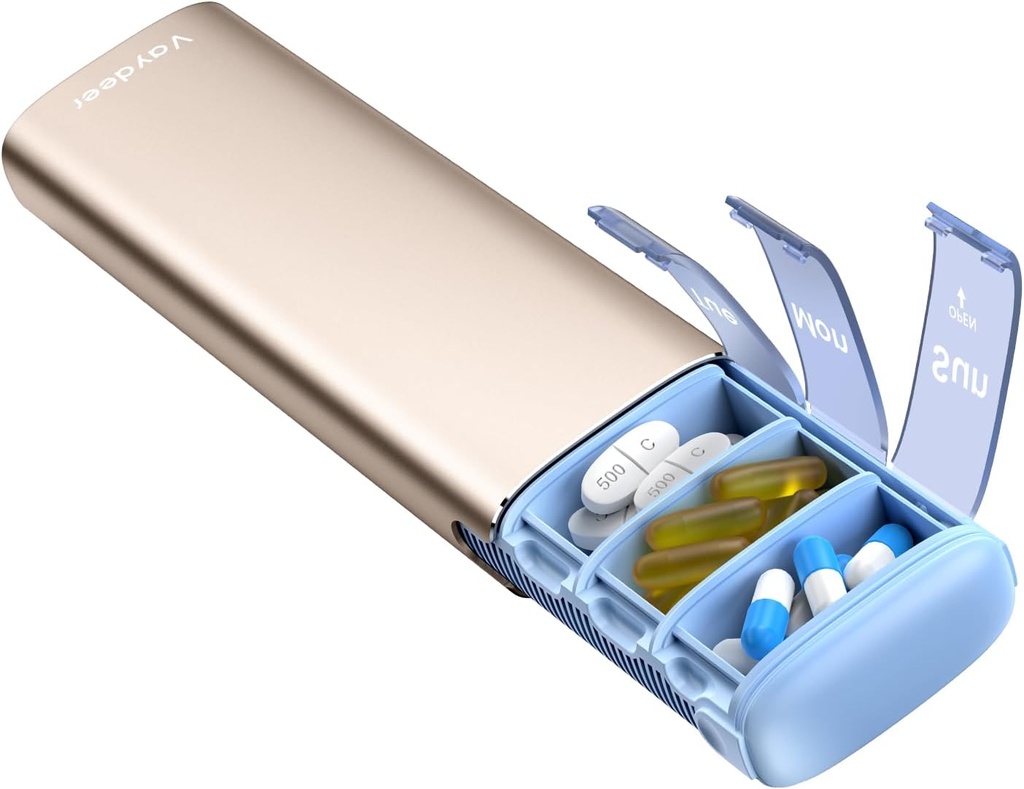 Vaydeer Metal Travel Pill Organizer, 7 Day Weekly Pill Box, Μεγάλη Χωρητικότητα Καθημερινή Χαριτωμένη περίπτωση Χάπια για Συμπληρώματα, Χάπια, Βιταμίνες και Φάρμακα (Μικρή, Σαμπάνια)