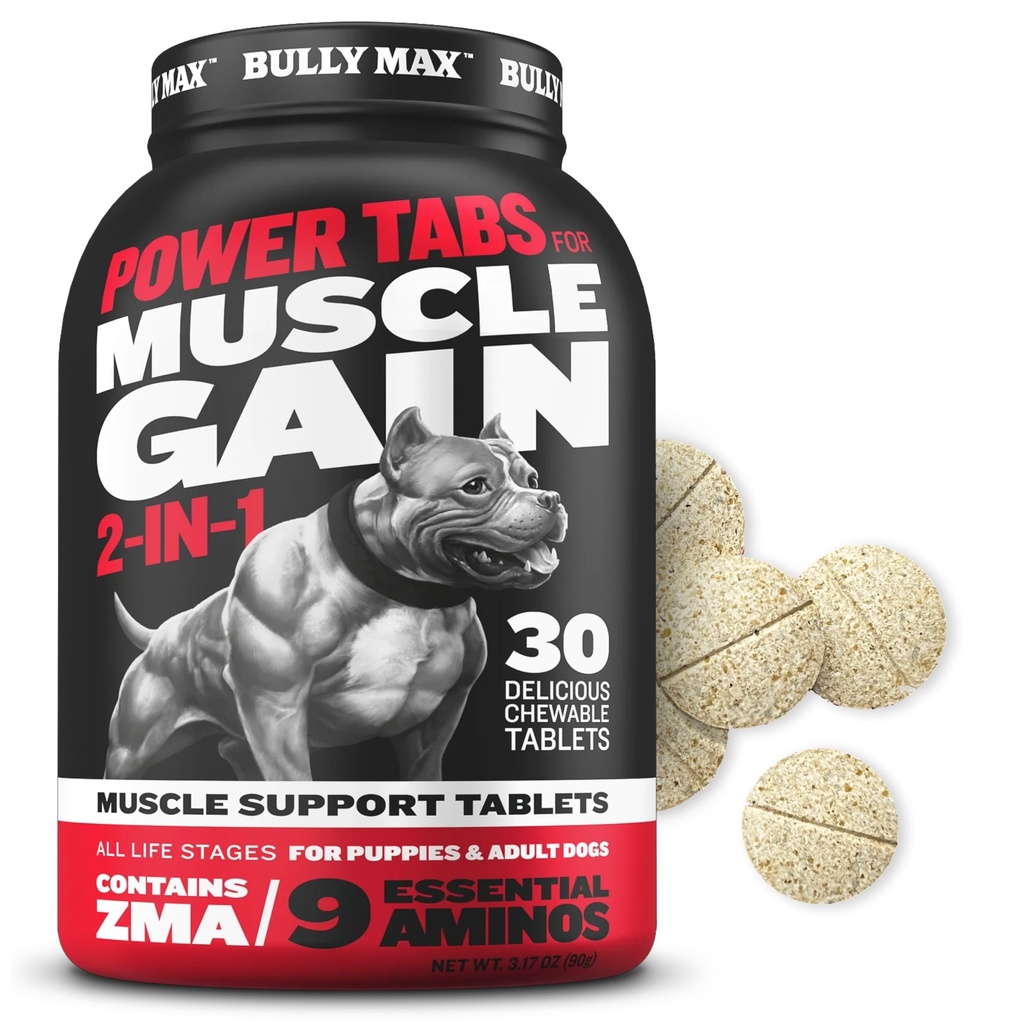 Bully Max 2-in-1 Muscle Builder for Dogs - 9 Amino Acids, Puppy & Dog Vitamins, Supplements for Muscle Gain & Growth - Dog Multivitamin Chewable Tablets for All Breeds & Ages, Made in USA, 30 Tabs