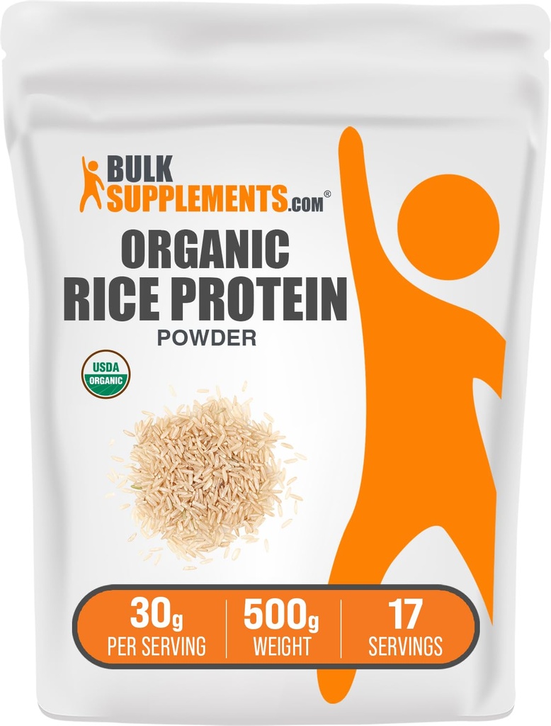 BulkSupplements.com Organic Rice Protein Powder - Vegan Plant Protein, Unflavored - Vegan & Gluten Free, 30g per Serving, 500g (1.1 lbs) (Pack of 1)