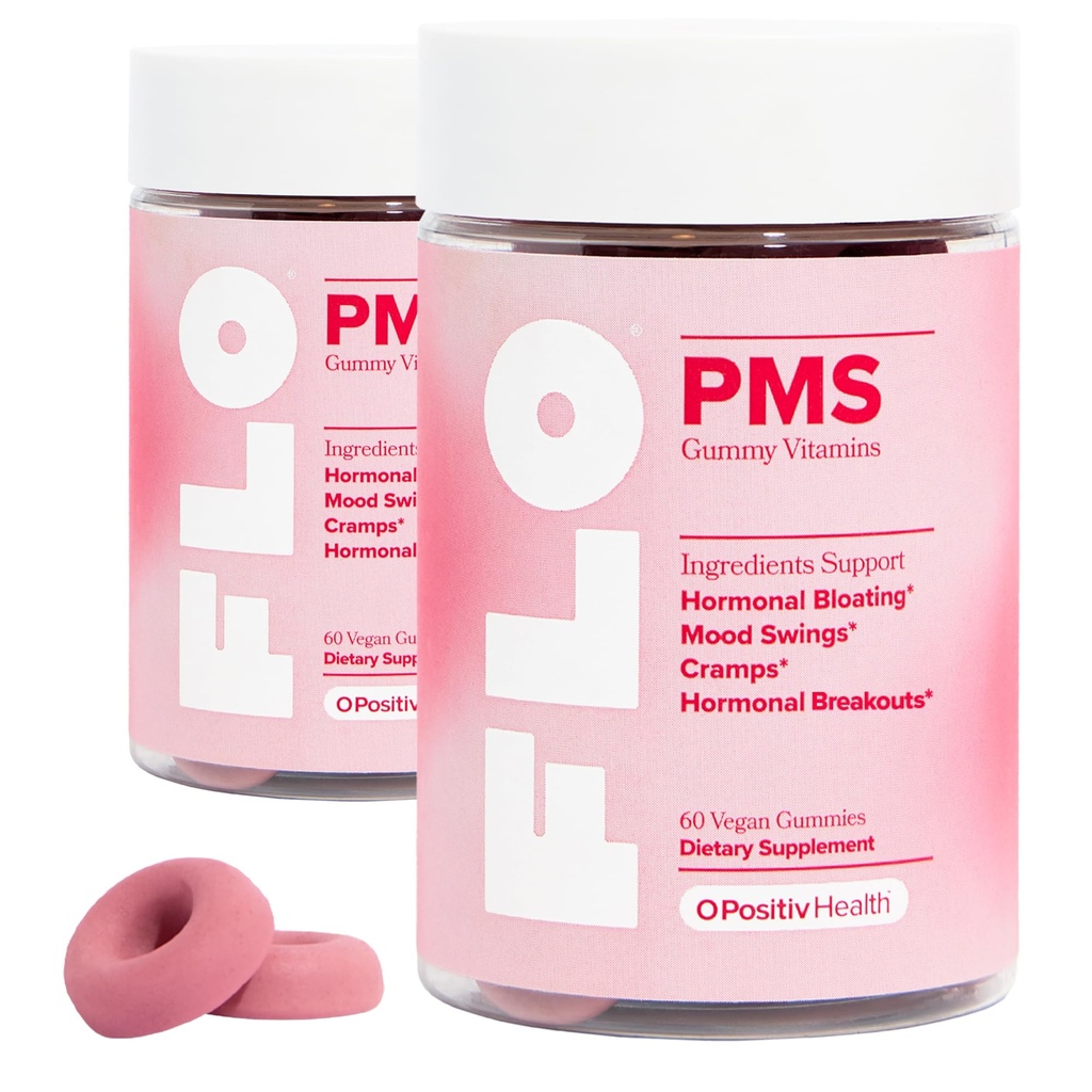 O Positiv FLO PMS Gummies for Women - Proactive PMS Relief - Στόχοι Ορμονικά Breakouts, Bloating, Cramps, & Mood Swings with Chasteberry, Vitamin B6, & Lemon Balm - PMS Gummies (Pack of 2)