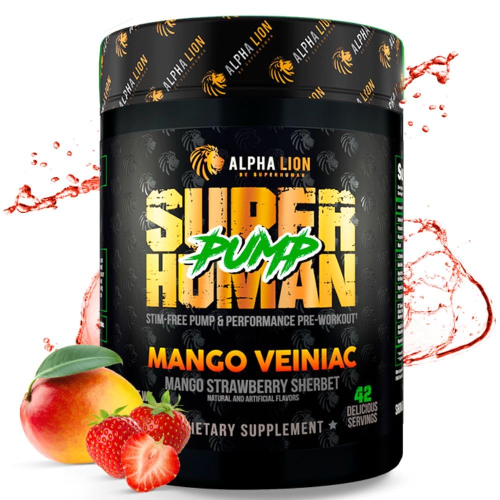 ALPHA LION Superhuman Αντλία προ προπόνησης σκόνη, Nootropic καφεΐνη & Stim Δωρεάν συμπλήρωμα προεργασίας, Nitric Oxide Booster, μυών Gainer, Ενέργεια & Εστίαση (42 εξυπηρετούν, Mango Veiniac Γεύση)