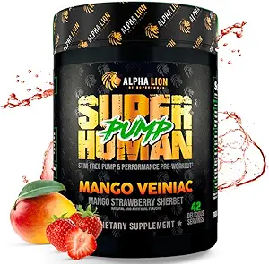 ALPHA LION Superhuman Αντλία προ προπόνησης σκόνη, Nootropic καφεΐνη & Stim Δωρεάν συμπλήρωμα προεργασίας, Nitric Oxide Booster, μυών Gainer, Ενέργεια & Εστίαση (42 εξυπηρετούν, Mango Veiniac Γεύση)