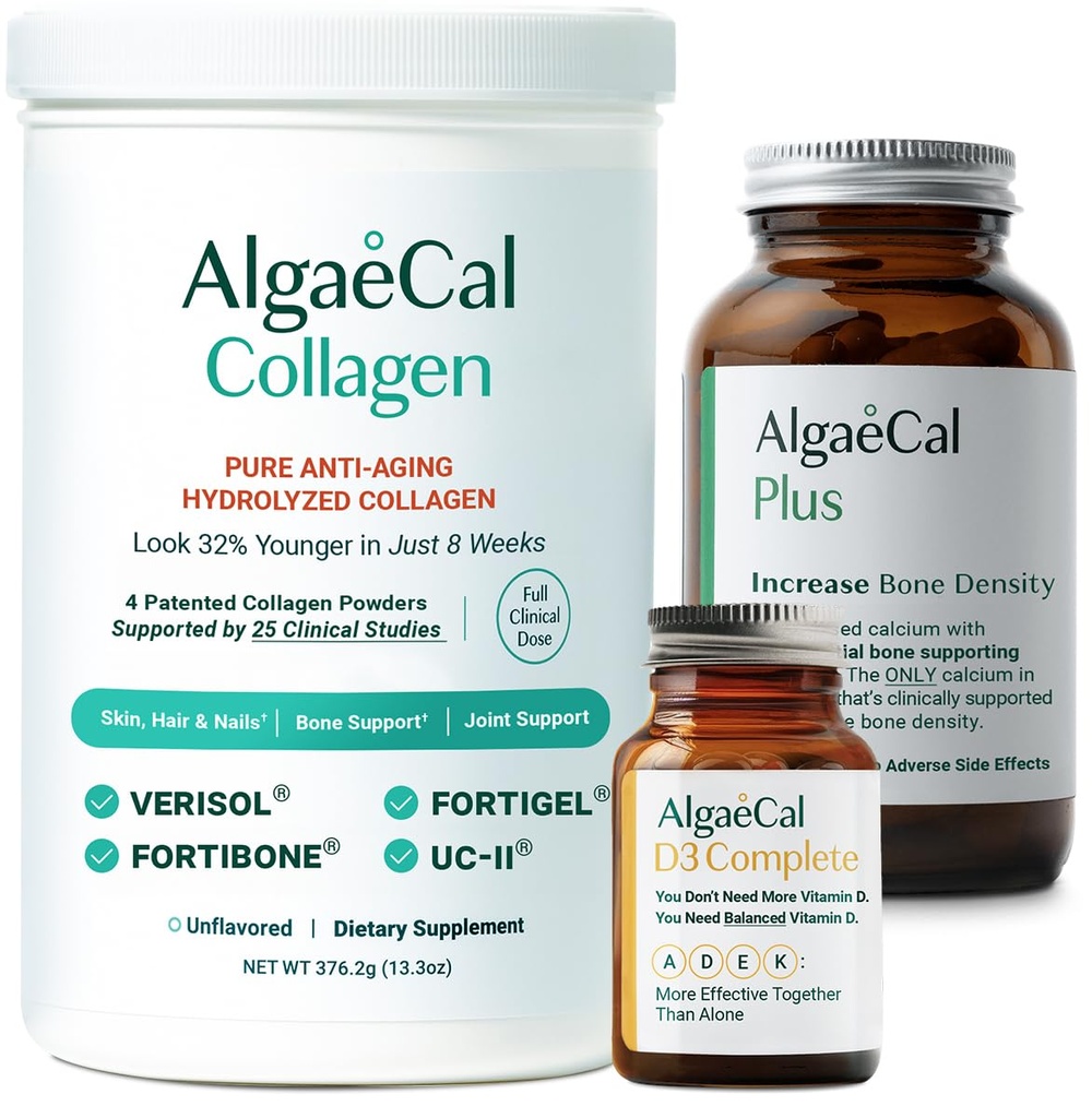 ALGAECAL Calcium, Vitamin D3 & Collagen Bundle – Υδρολυμένο κολλαγόνο με Κλινικά Υποστηριγμένη Verisol, Fortibone & Fortigel, Plus Calcium, Vitamin ADEK, & Trace Minerals για την υγεία των οστών & κατά της γήρανσης