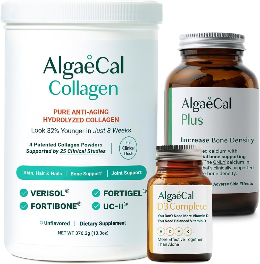 ALGAECAL Calcium, Vitamin D3 & Collagen Bundle – Υδρολυμένο κολλαγόνο με Κλινικά Υποστηριγμένη Verisol, Fortibone & Fortigel, Plus Calcium, Vitamin ADEK, & Trace Minerals για την υγεία των οστών & κατά της γήρανσης