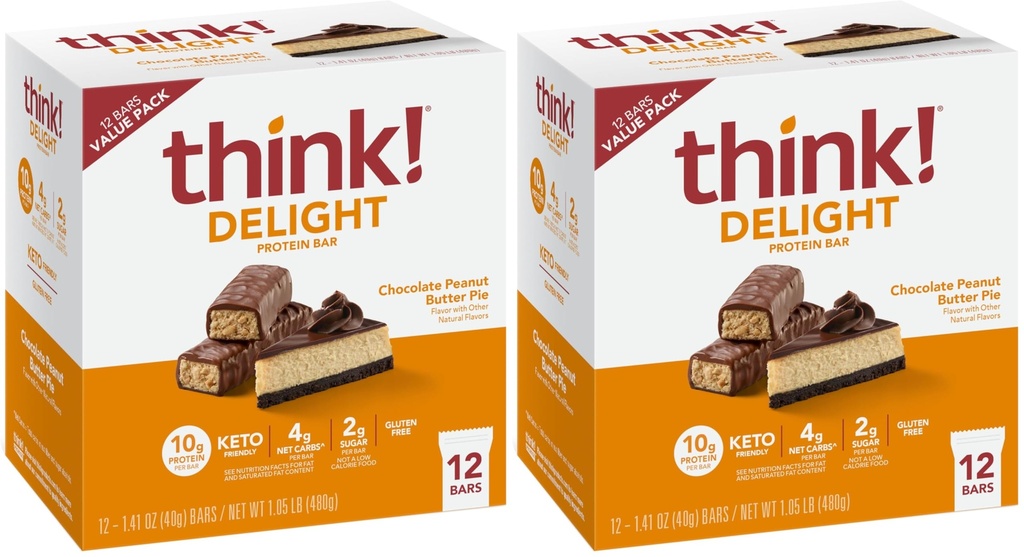think! Delight Protein Bars, Chocolate Peanut Butter Pie, Low Sugar & Low Carb Gluten-Free Snack, Keto Friendly Snacks, 12 Count (Packaging May Vary) (Pack of 2)