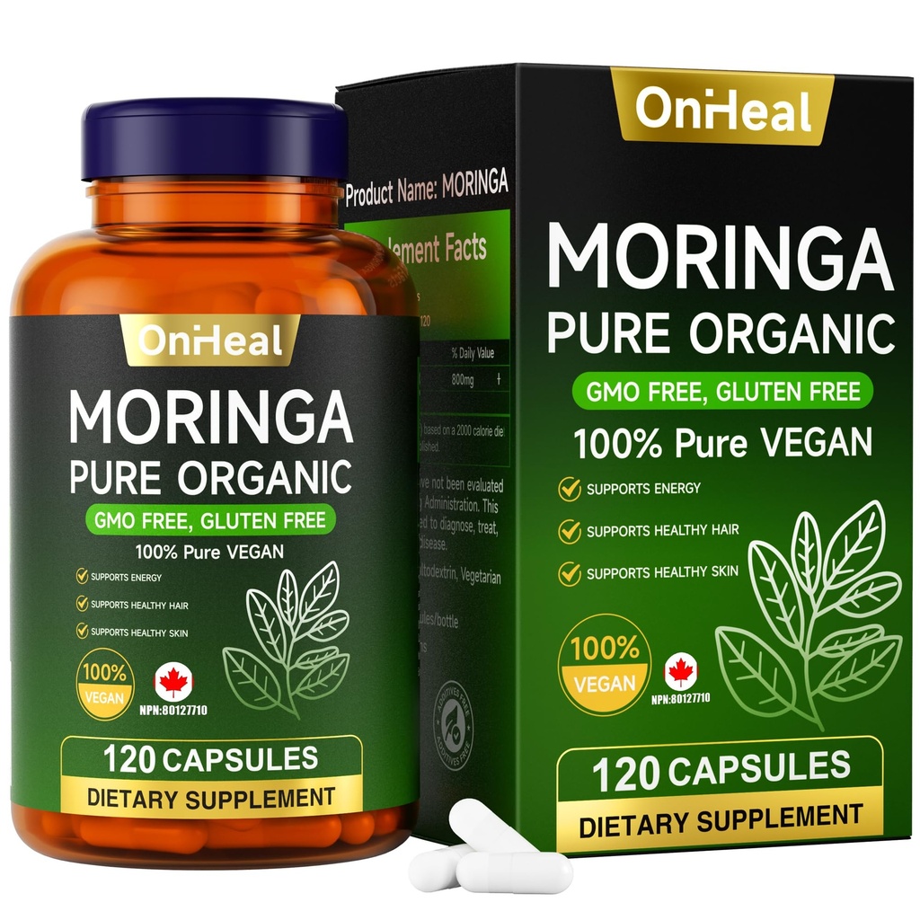 Organic Moringa Capsules 1000 mg, 120 Count - Moringa Capsules with Organic Olefeira Powder, Supports Healthy Hair and Skin, Energy and Balance - Vegan, Non-GMO Daily Health Supplement