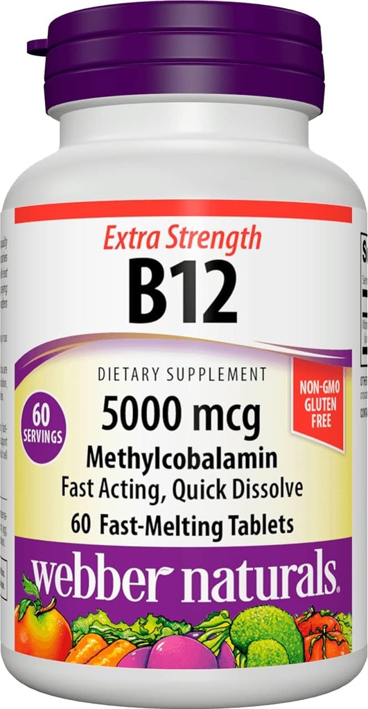 Webber Naturals Βιταμίνη B12 5000 mcg, 60 Count, Ταμπλέτες ταχείας διάλυσης, συμπλήρωμα βιταμίνης Υποστήριξη για την ενέργεια Μεταβολισμός, ανοσοποιητική και καρδιακή υγεία, χορτοφαγική φόρμουλα, 60 ημέρες προσφοράς