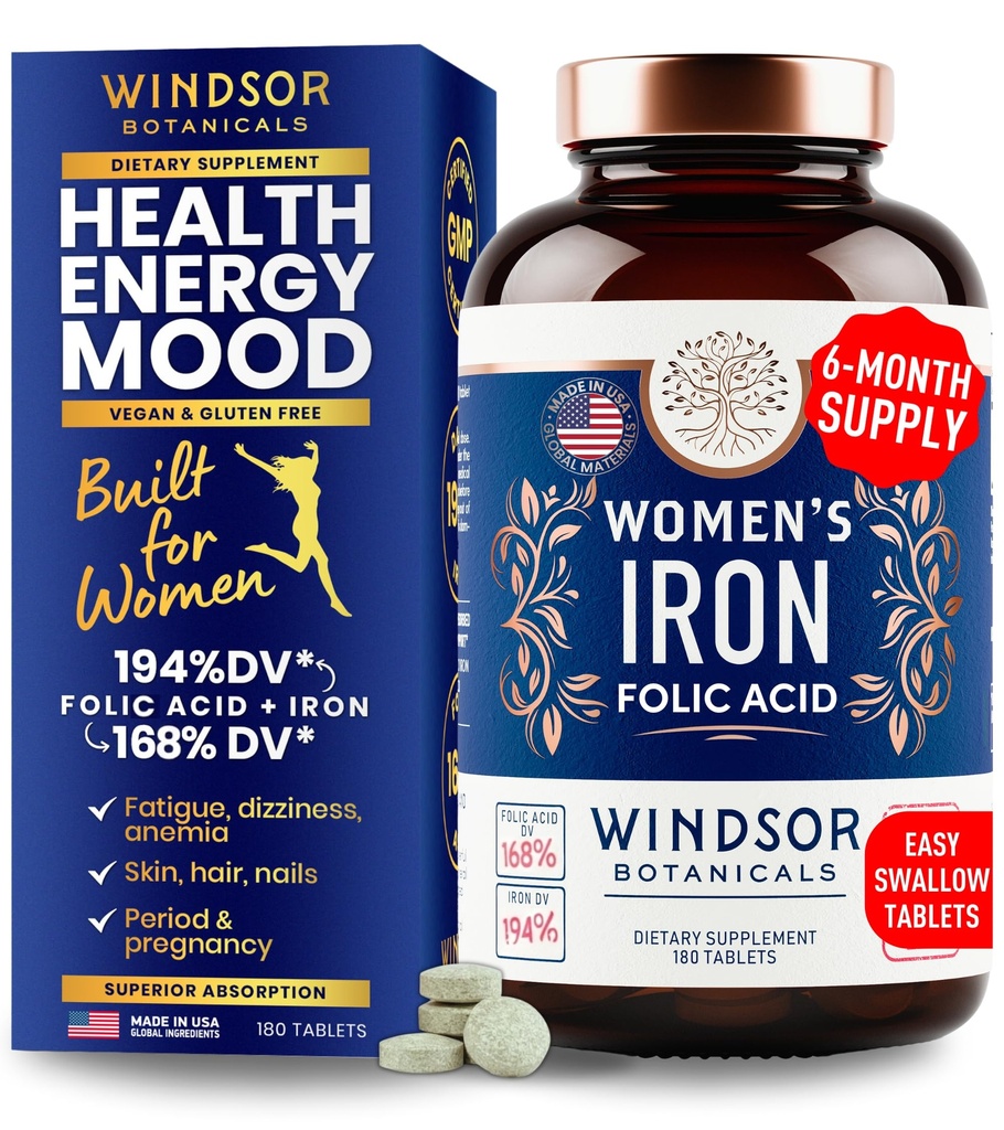 Iron and Folic Acid Supplements for Women - 35mg Gentle Iron Vitamin, Folic Acid 400mcg - Anemia, Period, Pregnancy Support Supplement, Ferrous Sulfate Pills - 180 Vegan Non-Constipating Tablets
