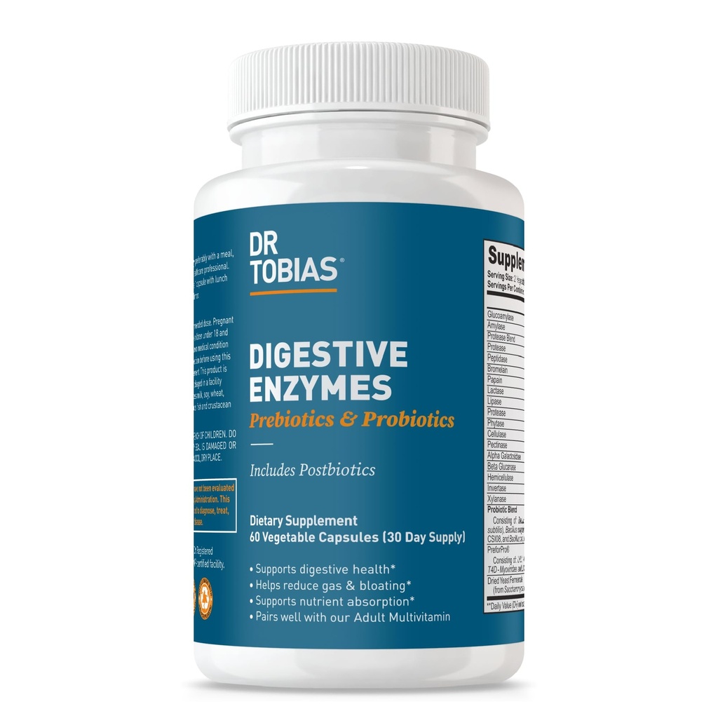 Dr. Tobias Digestive Ένζυμα με Προβιοτικά, Πρεβιοτικά και Μεταβιοτικά Bromelain, Amylase, Lipase, για Καλύτερη Διέγερση & Ανοσολογική Λειτουργία, 60 Κάψουλες, 30 Υπηρεσίες (2 Καθημερινή)