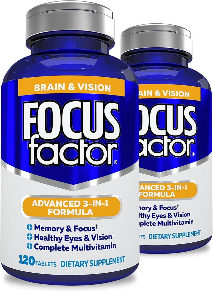 Focus Factor Adults Brain and Vision Supplement, 120 Count- Eye Vitamin, Mineral Supplement, Complete Multivitamin with Lutein & Zeaxanthin-Brain Supplement for Focus, Memory (2 Pk)