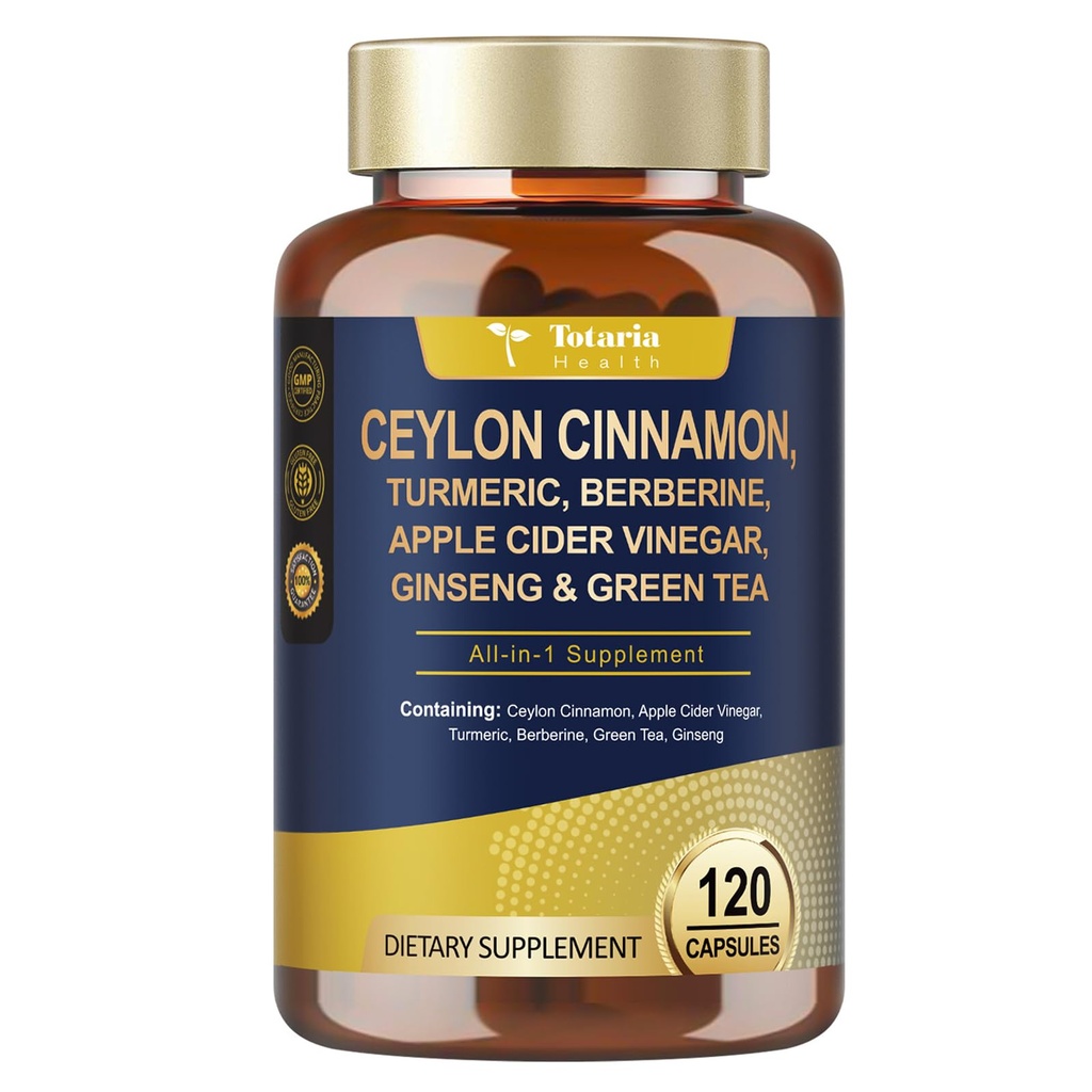 Totaria 18-in-1 Organic Ceylon Cinnamon Capsules with Berberine, Ceylon Cinnamon Supplement w/Apple Cider Vinegar Turmeric Bitter Melon Milk Thistle, for Metabolism, Energy, Heart*, 120 Counts