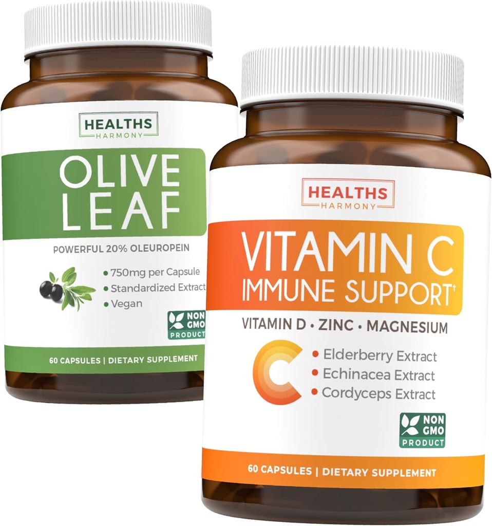 Εξοικονομήστε $4 (12% έκπτωση) - Herbal Immune Bundle - Olive Leaf Extract (Non-GMO) Super Strength: 20% Oleuropein 750mg caps and Immune Support - Vitamin C with Zinc, Vitamin D, Elderberry & Echinacea (Non-GMO)
