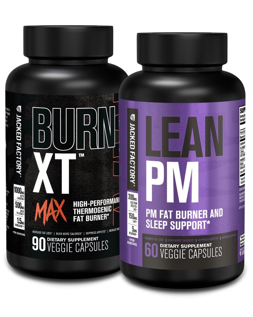 Jacked Factory 24/7 Fat Burner Stack - Burn XT MAX Υψηλής Απόδοσης Fat Burner (90 κάψουλες) - Lean PM Nighttime Sleep Support for Weight Loss and Appetite Suppression (60 Κάψουλες)