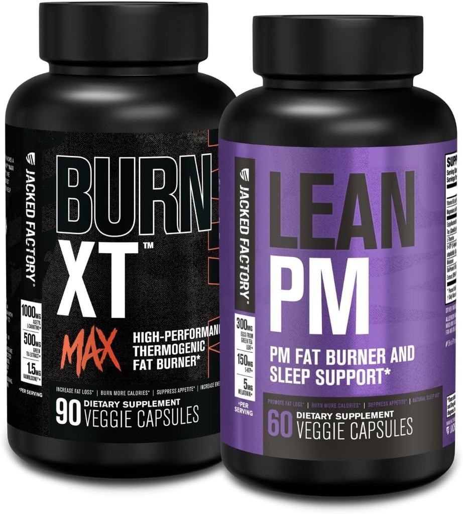 Jacked Factory 24/7 Fat Burner Stack - Burn XT MAX Υψηλής Απόδοσης Fat Burner (90 κάψουλες) - Lean PM Nighttime Sleep Support for Weight Loss and Appetite Suppression (60 Κάψουλες)