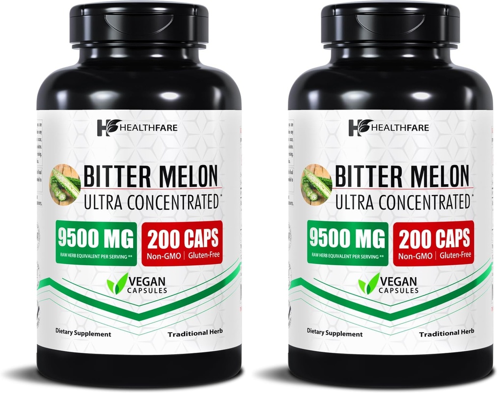 Healthfare Bitter Melon Extract 9500mg | 200 Vegan Capsules | Extra Strength Formula | Non-GMO, Gluten-Free | Made in The USA (Pack of 2)