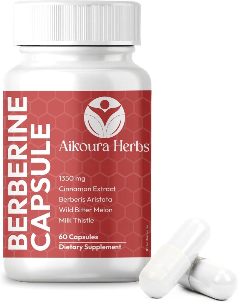 AIKOURA Berberine Complex 1350mg – Herbal Blend with Ceylon Cinnamon, Milk Thistle, Bitter Melon & Turmeric – Metabolic Health & Blood Sugar Support – Vegan, Non-GMO, Gluten-Free – 60 Veg Capsules.